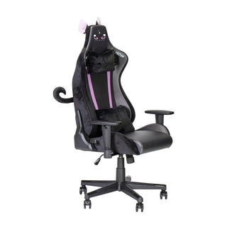 Angled view of the technisport cat chair of your dreams in all black. The side view of the cat chair clearly displays the clip on cat ears and clip on tail. It also a fluffy plush headrest and lumbar pillow. 
