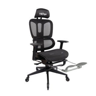 This angled view demonstrates the mesh with all black hardware. It is shown with the footrest closed and a rendering of where it lands when opened.