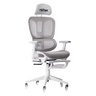 This angle view demonstrates the colors perfectly on this mesh gaming chair with footrest. It pairs light grey mesh with all white hardware to give a full white look with dimension. Here it is shown with the footrest comfortably tucked under the chair to ensure it doesn't cut into your legs while gaming or working. 