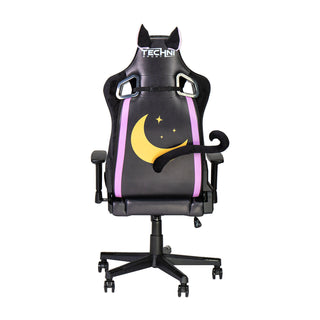Back view of the cat chair by technisport. The back of the cat chair features a large moon and star alont with clip on cat ears and clip on tails. 