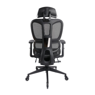 Backview of black mesh gaming chair with footrest.