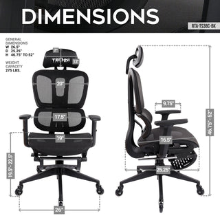 The dimensions of the Airflex 2.0, a black mesh gaming chair with footrest. 