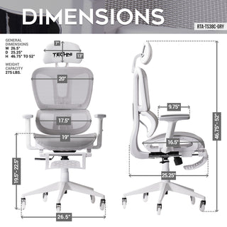 The dimensions of the Airflex 2.0, a white mesh gaming chair with footrest. 