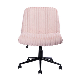 Front view of the pink criss cross chair with wheels by techni sport on a white background. This pink criss cross chair has a fluffy pink material for the ultimate comfort. It also includes wheels to make it extra comfortable for long hours of working, studying or gaming. 
