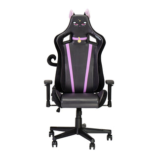 This front view of the technispot cat chair is shown without the fluffy headrest and lumbar support pillows. The cat chair without the fluffy headrest reveals a pink cat collar. This cat chair includes removable clip on cat ears and tail, velvet like sides and pink details on the stitching. 