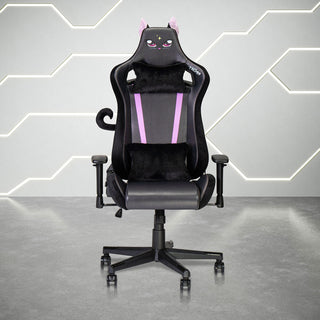 Front view of the technisport cat chair of your dreams in all black. It features clip on cat ears and clip on tail. It also a fluffy plush headrest and lumbar pillow. 