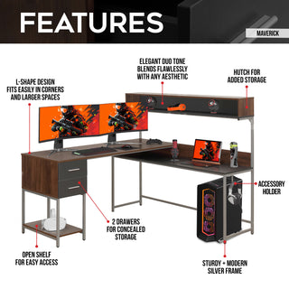 Maverick Walnut L Shape Gaming Desk