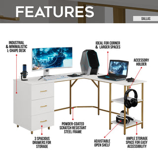 Dallas White L Shape Gaming Desk