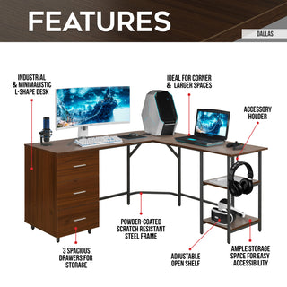 Dallas Walnut L Shape Gaming Desk