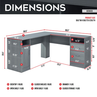 Denver Grey L Shape Gaming Desk