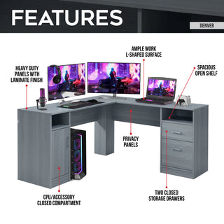 Denver Grey L Shape Gaming Desk