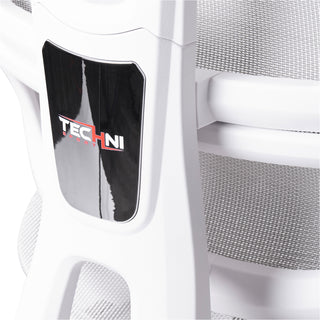 Close up of the chrome details  on the back of the Airflex 2.0, techni sport's white mesh gaming chair with footrest. 