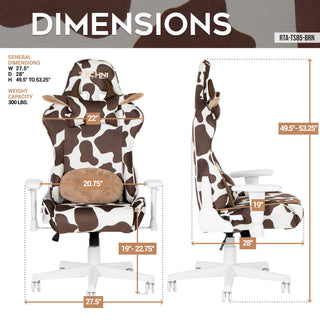 The dimensions of the cow gaming chair in brown are shown. The general dimensions as follows: Width is 27.5 inches, the seat depth is 28 inches and the height can be changed between 49.5 inches and 53.25 inches. It has a weight capacity of 300 lbs. The chocolate brown gaming chair is both cute and functional for any gaming setup or as a cute home office chair. 