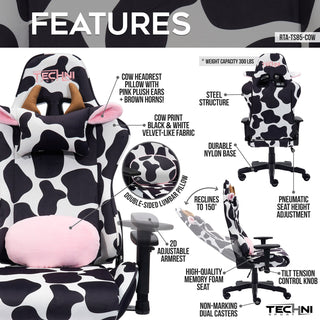 The cow gaming chair in the original black and white. The features page shows the black and white velvet-like fabric up close and shows the cow headrest pillow with light brown horns and pop out ears with fluffy pink lining. Like other Techni Sport gaming chairs, it features a steel structure, is height adjustable and reclines 150. The memory foam seat is very comfortable making this a gaming chair or office chair for long hours of sitting. The weight capacity is 300 lbs.  