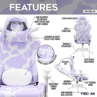 Features for the lavender cow gaming chair. The features page shows the white and lavender velvet-like fabric up close and shows the cow headrest pillow with grey horns and pop out ears with fluffy white lining. Like other Techni Sport gaming chairs, it features a steel structure, is height adjustable and reclines 150. The memory foam seat is very comfortable making this the best gaming chair or office chair for long hours of sitting. The weight capacity is 300 lbs.  
