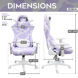 The dimensions of the technisport lavender cow gaming chair in the lavender and white cow print are shown. The general dimensions as follows: Width is 27.5 inches, the seat depth is 28 inches and the height can be changed between 49.5 inches and 53.25 inches. It has a weight capacity of 300 lbs. The lavender cow chair is the ultimate girl gaming chair it is both cute and functional for any gaming setup or as a cute home office chair.