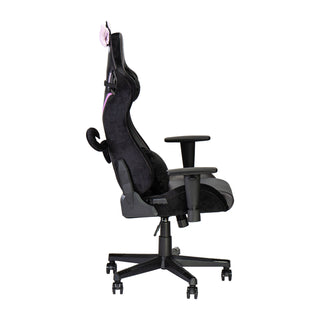 Side view of the technisport cat chair in its upright position showing the clip on tail and ears along with the velvet-like sides. This cat chair also has pink stitching for an added touch of style. 